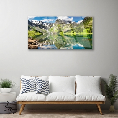 Image sur verre Tableau Montagne lac paysage vert bleu