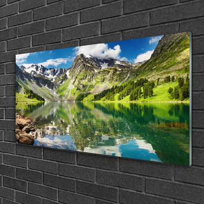 Image sur verre Tableau Montagne lac paysage vert bleu