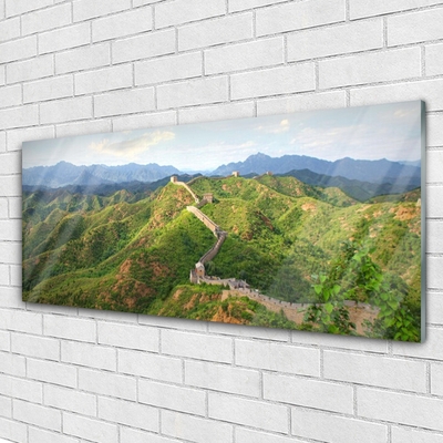 Image sur verre Tableau Grande muraille de chine montagnes paysage vert bleu brun