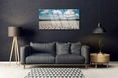 Image sur verre Tableau Lit de la rivière séchée paysage brun bleu blanc