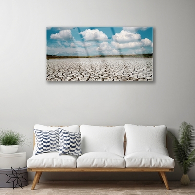 Image sur verre Tableau Lit de la rivière séchée paysage brun bleu blanc