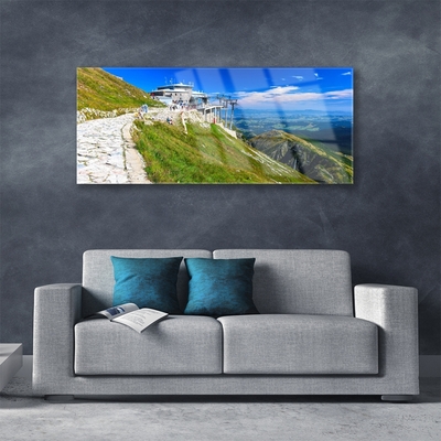 Image sur verre Tableau Montagnes chemin paysage bleu vert blanc