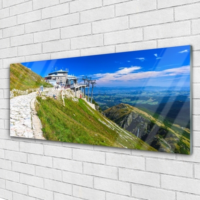 Image sur verre Tableau Montagnes chemin paysage bleu vert blanc