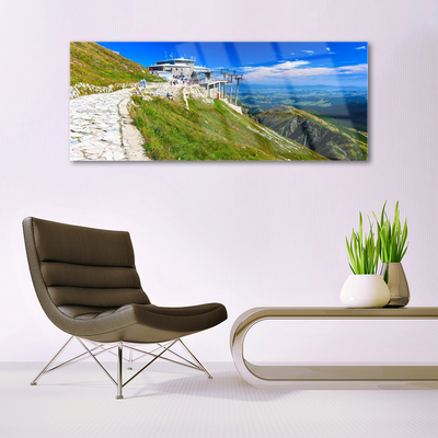 Image sur verre Tableau Montagnes chemin paysage bleu vert blanc