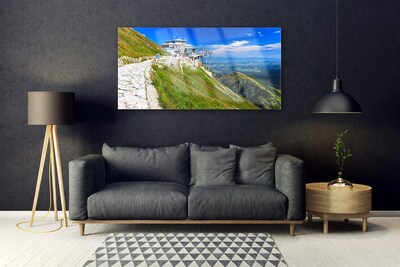 Image sur verre Tableau Montagnes chemin paysage bleu vert blanc