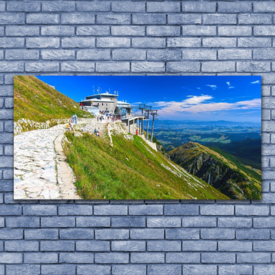 Image sur verre Tableau Montagnes chemin paysage bleu vert blanc