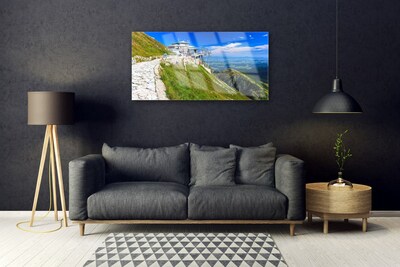 Image sur verre Tableau Montagnes chemin paysage bleu vert blanc