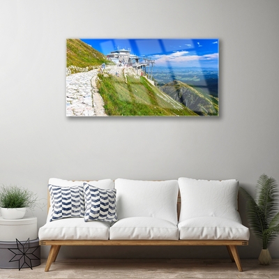 Image sur verre Tableau Montagnes chemin paysage bleu vert blanc