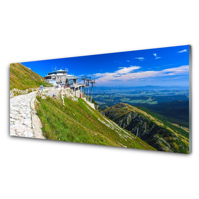 Image sur verre Tableau Montagnes chemin paysage bleu vert blanc