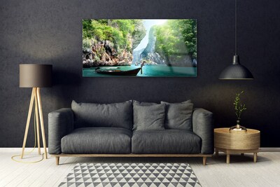 Image sur verre Tableau Montagne lac bateau nature bleu vert gris
