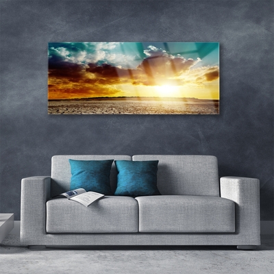 Image sur verre Tableau Soleil nuages désert paysage bleu gris jaune orange