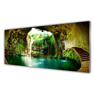 Image sur verre Tableau Cascade paysage vert bleu brun