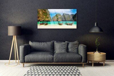 Image sur verre Tableau Plage mer montagnes paysage vert gris bleu