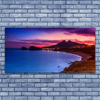 Image sur verre Tableau Mer plage montagnes paysage bleu brun violet rose