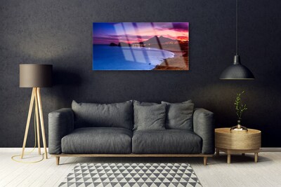 Image sur verre Tableau Mer plage montagnes paysage bleu brun violet rose