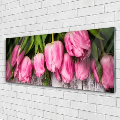 Image sur verre Tableau Tulipes floral rose vert