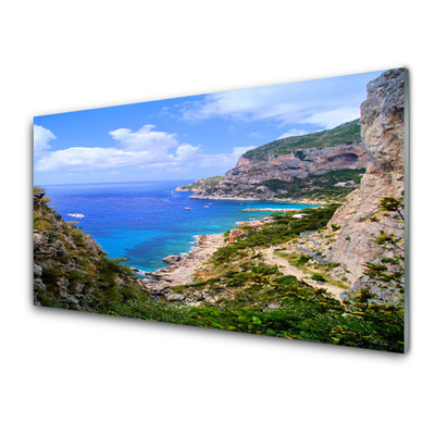 Image sur verre Tableau Mer plage montagnes paysage bleu gris brun vert