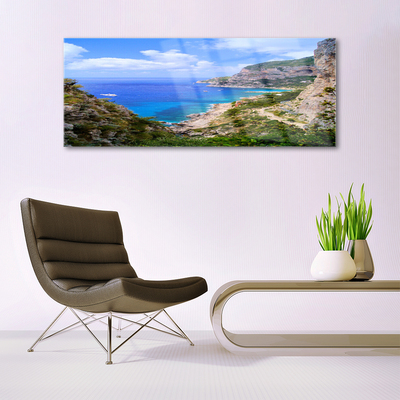 Image sur verre Tableau Mer plage montagnes paysage bleu gris brun vert
