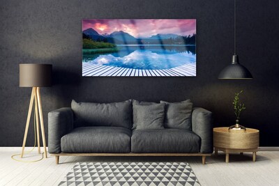 Image sur verre Tableau Montagne lac paysage rose bleu vert