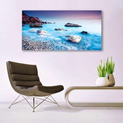 Image sur verre Tableau Mer pierres plage paysage bleu gris rose