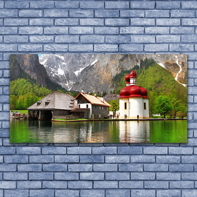 Image sur verre Tableau Montagne arbre maison paysage gris vert rouge brun