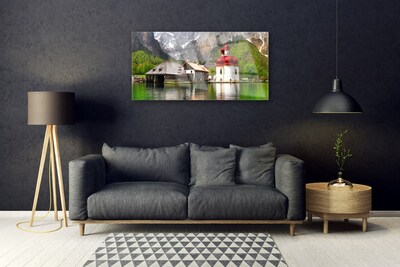 Image sur verre Tableau Montagne arbre maison paysage gris vert rouge brun