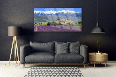 Image sur verre Tableau Prairie fleurs montagnes paysage violet vert bleu blanc