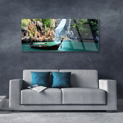 Image sur verre Tableau Bateau lac roche paysage bleu brun vert