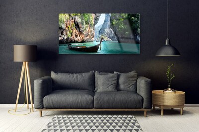 Image sur verre Tableau Bateau lac roche paysage bleu brun vert