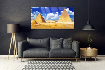 Image sur verre Tableau Désert pyramides paysage jaune bleu