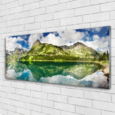 Image sur verre Tableau Montagne lac paysage vert gris bleu