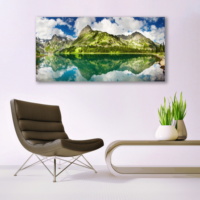 Image sur verre Tableau Montagne lac paysage vert gris bleu