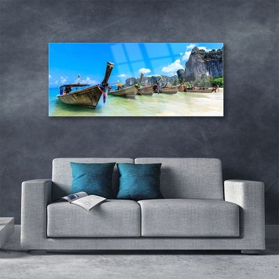 Image sur verre Tableau Bateaux mer plage paysage bleu gris
