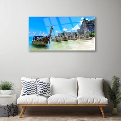 Image sur verre Tableau Bateaux mer plage paysage bleu gris