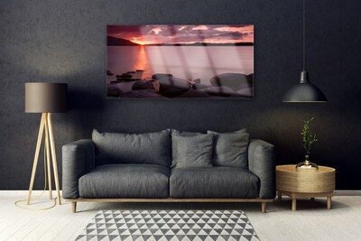 Image sur verre Tableau Pierres mer paysage violet noir rose