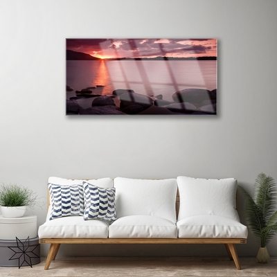 Image sur verre Tableau Pierres mer paysage violet noir rose