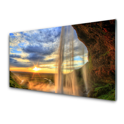 Image sur verre Tableau Chute d'eau paysage bleu jaune brun