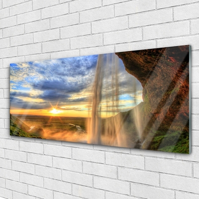 Image sur verre Tableau Chute d'eau paysage bleu jaune brun