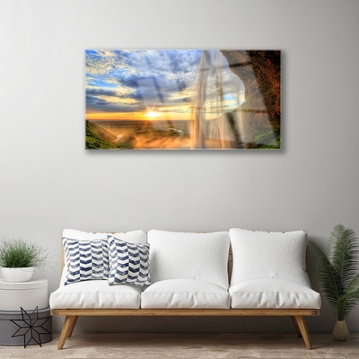 Image sur verre Tableau Chute d'eau paysage bleu jaune brun