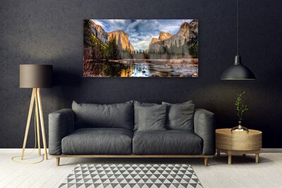Image sur verre Tableau Montagnes forêt lac nature vert gris
