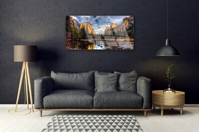 Image sur verre Tableau Montagnes forêt lac nature vert gris