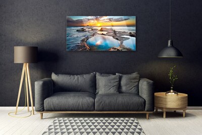 Image sur verre Tableau Mer soleil paysage bleu gris jaune