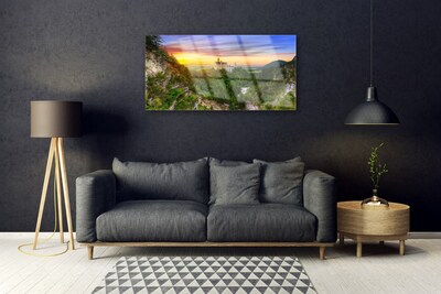Image sur verre Tableau Montagnes paysage vert gris jaune violet
