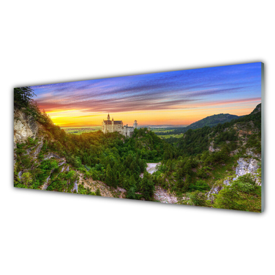Image sur verre Tableau Montagnes paysage vert gris jaune violet