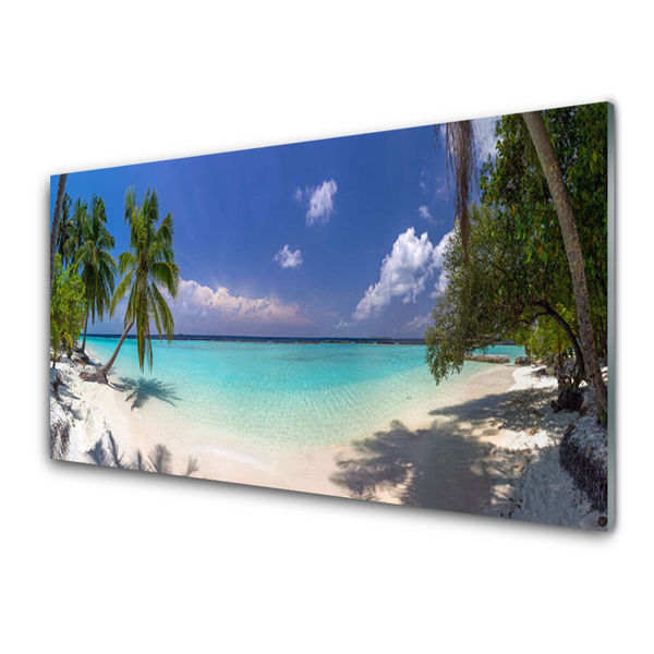 Image sur verre Tableau Mer plage palmiers paysage blanc bleu vert brun