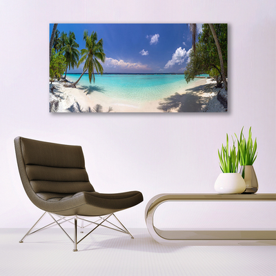 Image sur verre Tableau Mer plage palmiers paysage blanc bleu vert brun