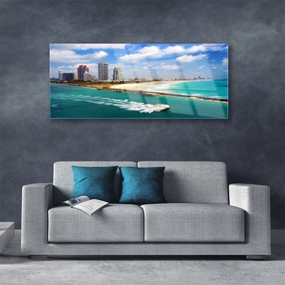 Image sur verre Tableau Mer plage ville paysage bleu brun gris