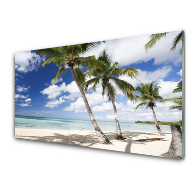 Image sur verre Tableau Mer plage palmiers paysage bleu brun vert