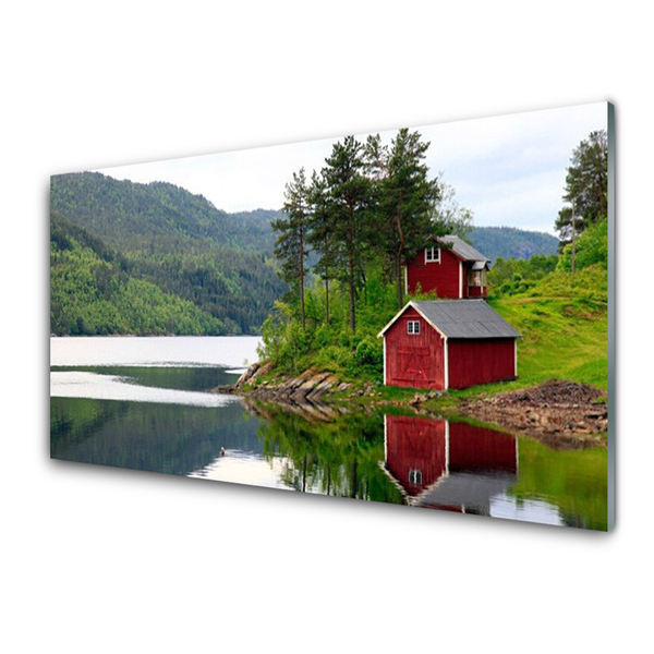 Image sur verre Tableau Montagne arbres lac paysage brun vert gris blanc