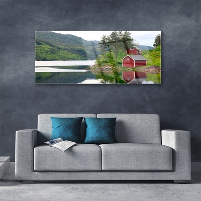 Image sur verre Tableau Montagne arbres lac paysage brun vert gris blanc